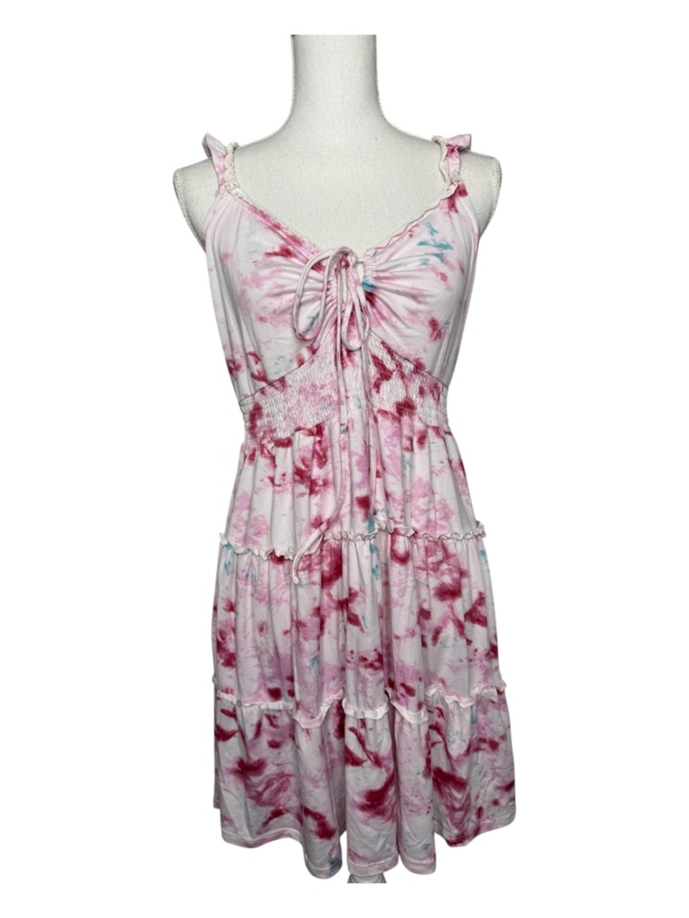 Almost Famous Pink Tie-Dye Tiered Ruffle Mini Dress. XL bohemian festival